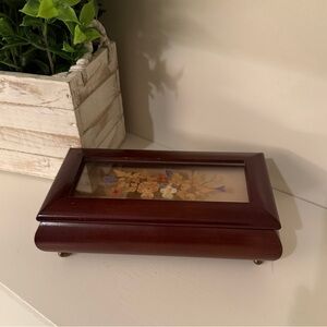 Bombay Pressed Flowers Wooden Musical Jewelry Box Plays Love Story Vintage 1990
